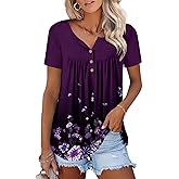 ONLYSHE Womens Summer Short Sleeve Shirts V Neck Tops Casual Tunic Floral Ruffle Blouse