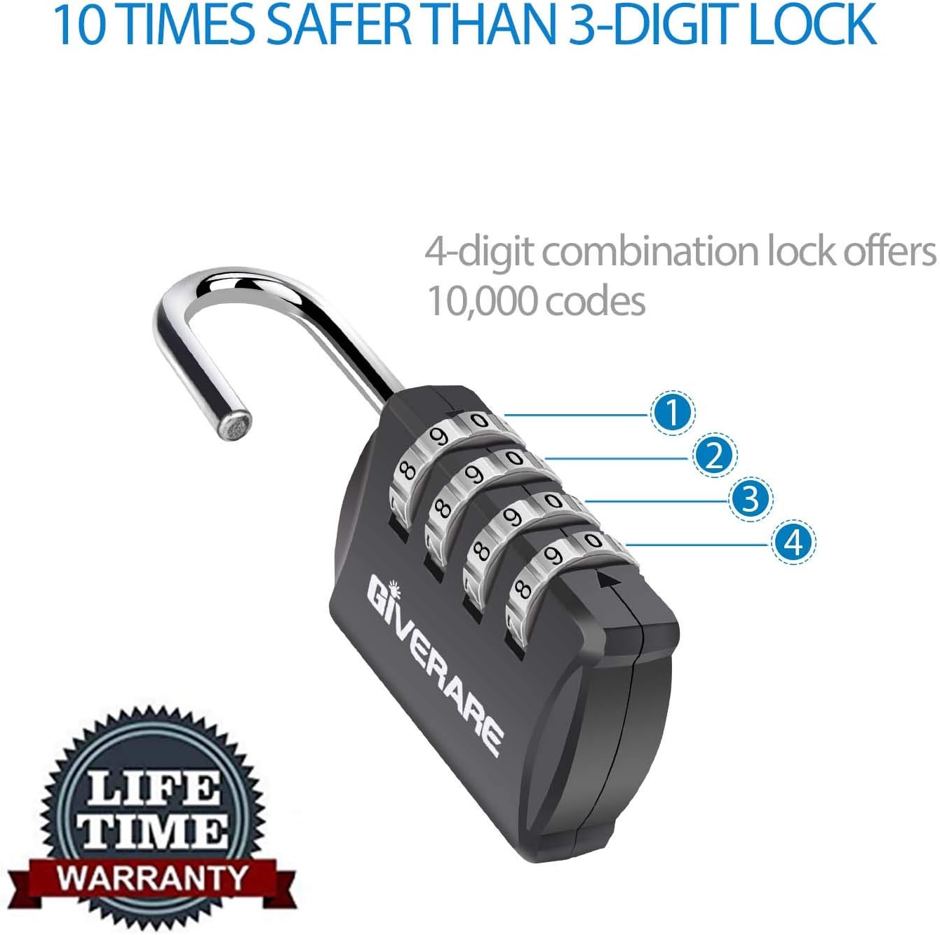 GIVERARE 4 Pack Combination Lock, 4-Digit Padlock Keyless, Resettable Luggage Locks for Backpack, Gym & School & Employee Locker, Weatherproof Travel Lock for Fence, Backyard Gate, Hasp, Case-Black - - 