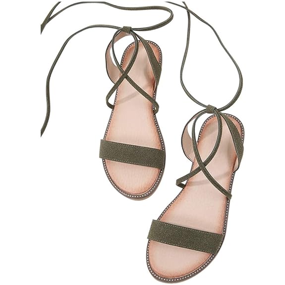 Zhuhaixmy Flache Sandalen mit Schnürung für Damen, Verstellbarer Knöchelriemen Sommer Gladiator Schuhe im Römischen Stil