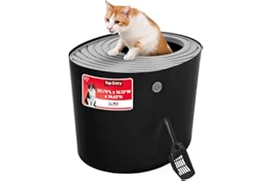 IRIS USA Top Entry Cat Litter Box with Scoop - Large - Stylish Enclosed Round Oval Kitty Dog Proof Box, Litiere Pour Chat Bac