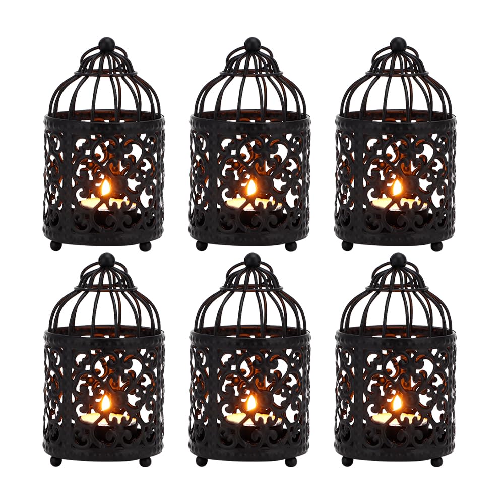 JHY DESIGN 6 Pcs 14 cm Hight Small Metal Candlestick Hanging Birdcage Tealight Hollow Candle Holders Lanterns for Table Valentine Indoor Outdoor Gifts Wedding Party Events (Black)