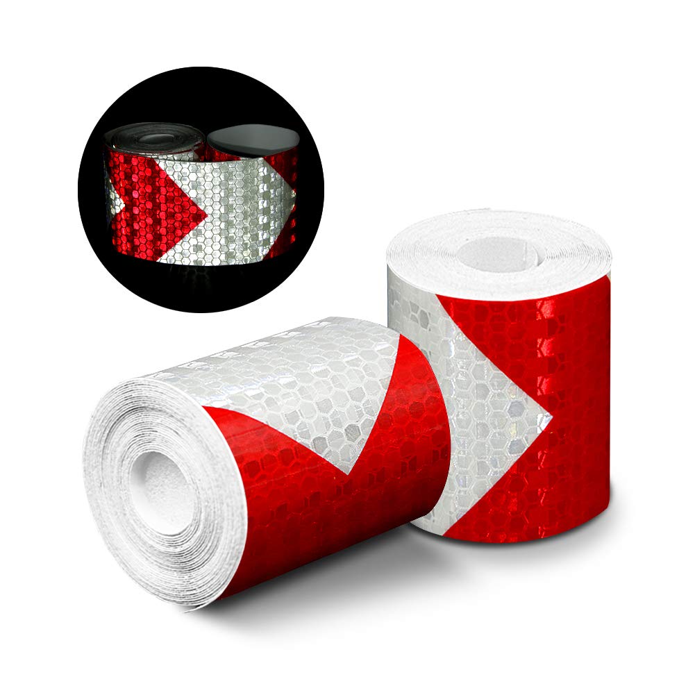 Reflective Tape, 2pcs 3m*50mm High Intensity Prismatic Waterproof Arrow Shape Reflective Safety Warning Tape Vinyl Roll Self-Adhesive Security Marking Tape (Red&White)