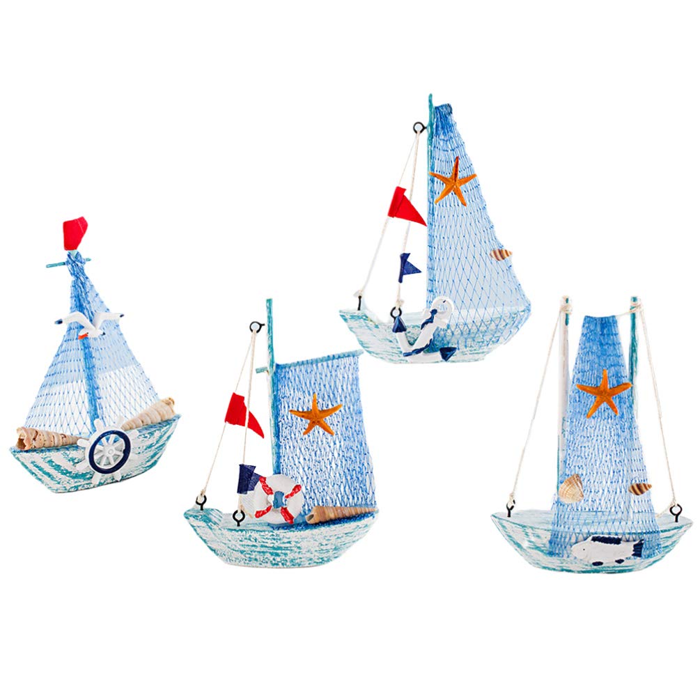 4pcs Wooden Sailboat Model Vintage Nautical Wooden Ship Sailboat Boat Ornaments DecorativeCoastal Beach Tabletop Decor Nautical