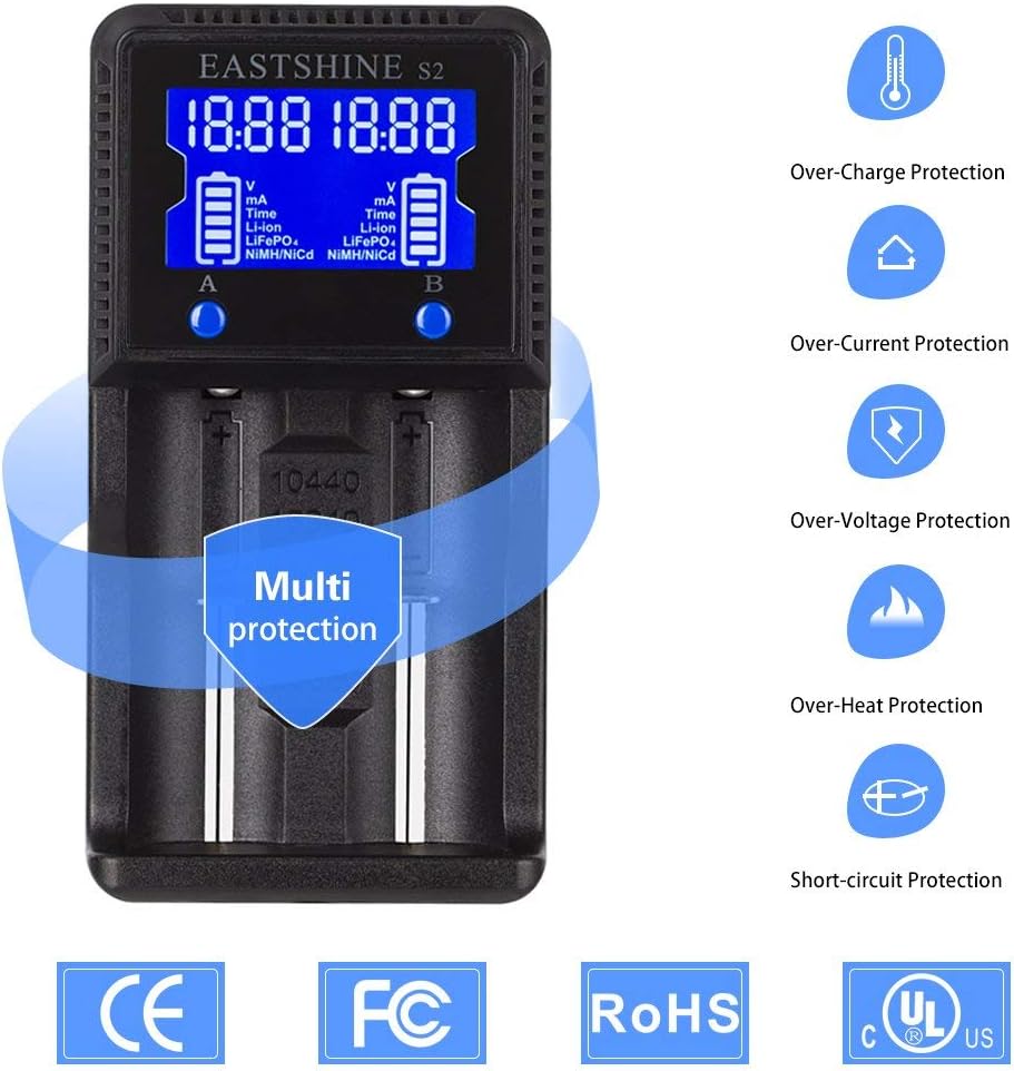 Universal Battery Charger EASTSHINE S2 LCD Display Speedy Smart Charger for Rechargeable Batteries Ni-MH Ni-Cd AA AAA Li-ion LiFePO4 IMR 10440 14500 16340 18650 RCR123 26650 18500 17670 & Car Adapter: Electronics