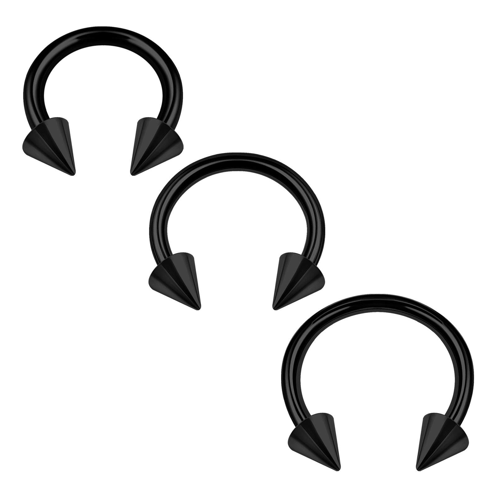 KJM FASHION 3PCS Steel Black Horseshoe Barbell 14 Gauge 8mm 10mm 12mm 4mm Spike Eyebrow Lobe Septum Earring Nose Piercing Jewellery 2996