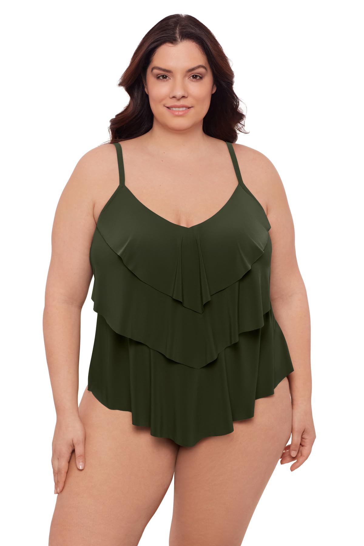 Photo 1 of Aqua Green Women's Standard Triple Ruffle Tier Swim Tankini Top with Adjustable Straps, Malachite