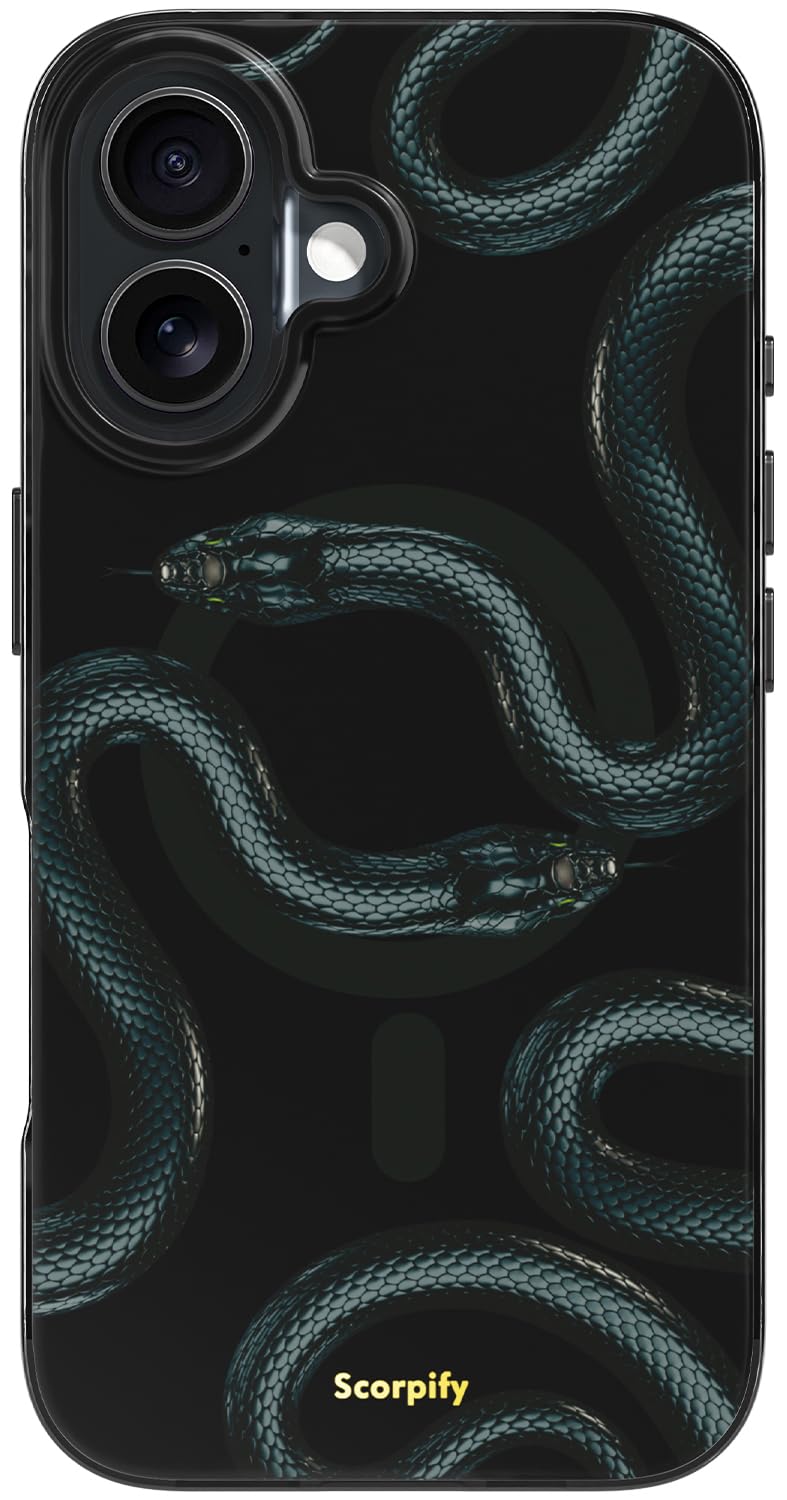 SCORPIFY for iPhone 16 Case [Compatible with MagSafe] with Shadow Black Snake Print Design, Cute Magnetic Phone Cover for Women Girls and Men, [10FT MIL-Grade Drop Protection] Slim Bumper
