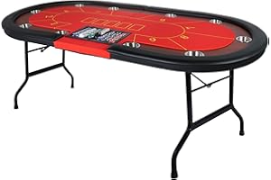 DC DICLASSE Upgrade 84" Folding Poker Table, 10 Players Oval Card Table with Stainless Steel Cup Holders & Padded Rails, Casino Leisure Felt Surface Texas Hold 'em Poker Table, Red