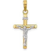 14k Real Gold Two-Tone Crucifix Pendant Necklace with INRI Detail for Men and Women – Classic Catholic Cross Charm Featuring Jesus Figure – Spiritual Christian Faith Jewelry for Daily Devotion