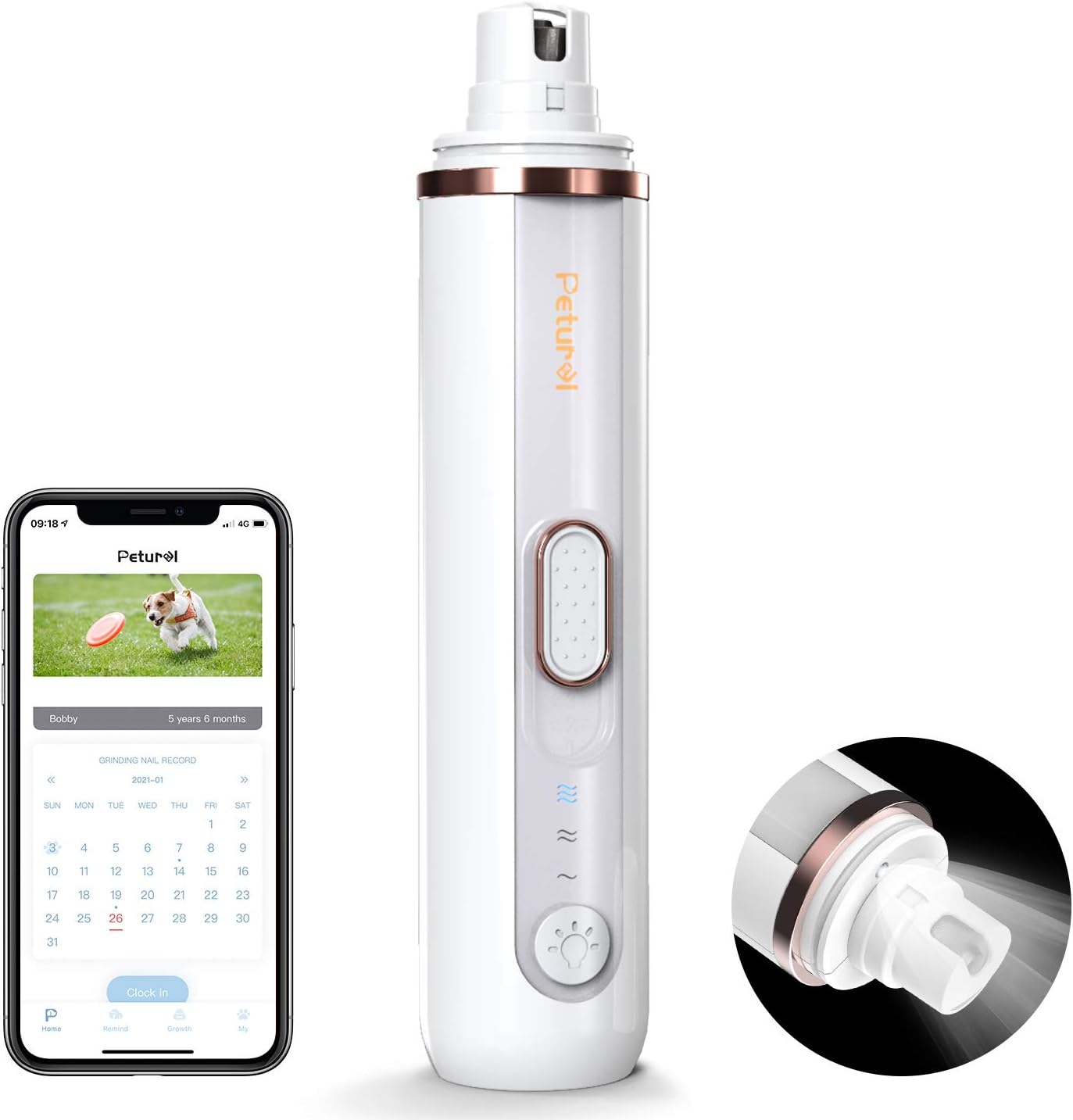 Petural Dog Nail Grinder with LED Light, 2021 Upgraded Powerful 3-Speed Electric Pet Nail Trimmer with Reminder App Painless Paw Smoothing, Grooming, Trimming Tool for Small Medium Large Dogs & Cats