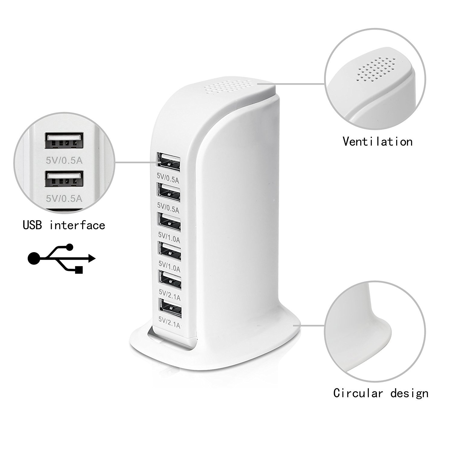 Multiple USB Tower Power Adapter 6-Ports Fast Charging Station for Apple iPhone X/XS/XR/XS MAX/ 8/7/6/6S Plus 5S iPad Pro Air Mini Samsung Galaxy S9 S8 Plus Note 8 5 S7 and More(White)