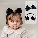 Rannyrena Baby Girls Velvet Gloss Bows Headband Soft Grosgrain Bow-knot Hairbands Elastic Lace Ribbon Birthday Shower Hair Accessories for Newborn Infant Toddler Kids (Black B, Elastic)