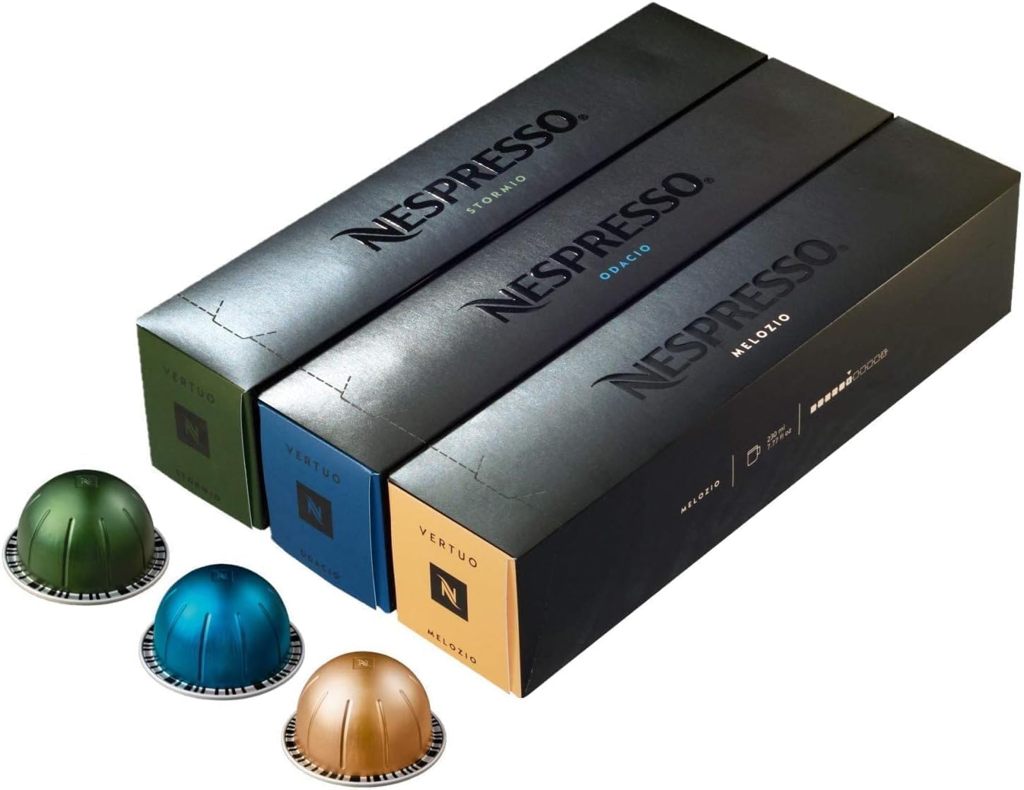 Nespresso Vertuo Coffee Pods, Pack of 30, 10 x Melozio, 10 x Stormio, 10 x Odacio capsules for Nespresso Machines. Make Espressos, Cappuccino and Lattes at home. Recyclable Pods.