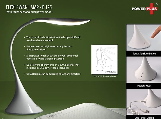 Power Plus Flexi Swan Lamp with touch sensor - battery & USB powered