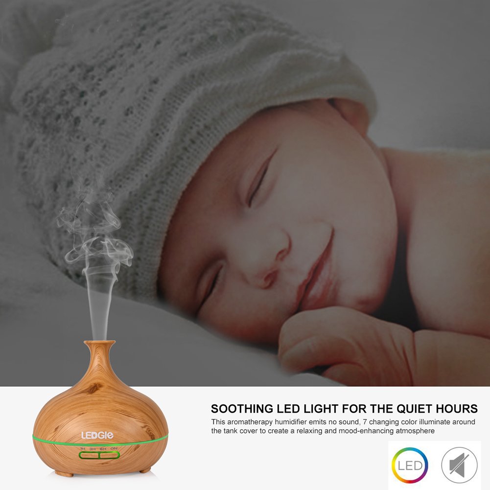 LEDGLE Essential Oil Diffuser 300 ml Ultrasonic Cool Mist Diffuser Air Humidifier with 7 Colour Changing LED Lights and 4 Timer Settings, Waterless Auto Shut-Off, Adjustable Mist Mode, Wood Grain