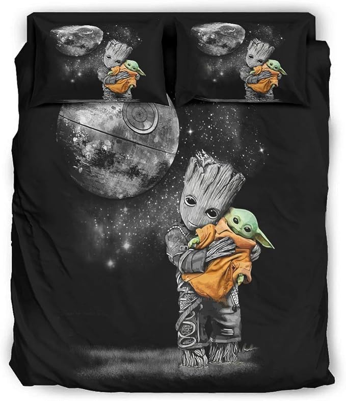 Baby Groot Hugged Yoda Four Piece Bed Queen Bedding Set 4 Pieces with