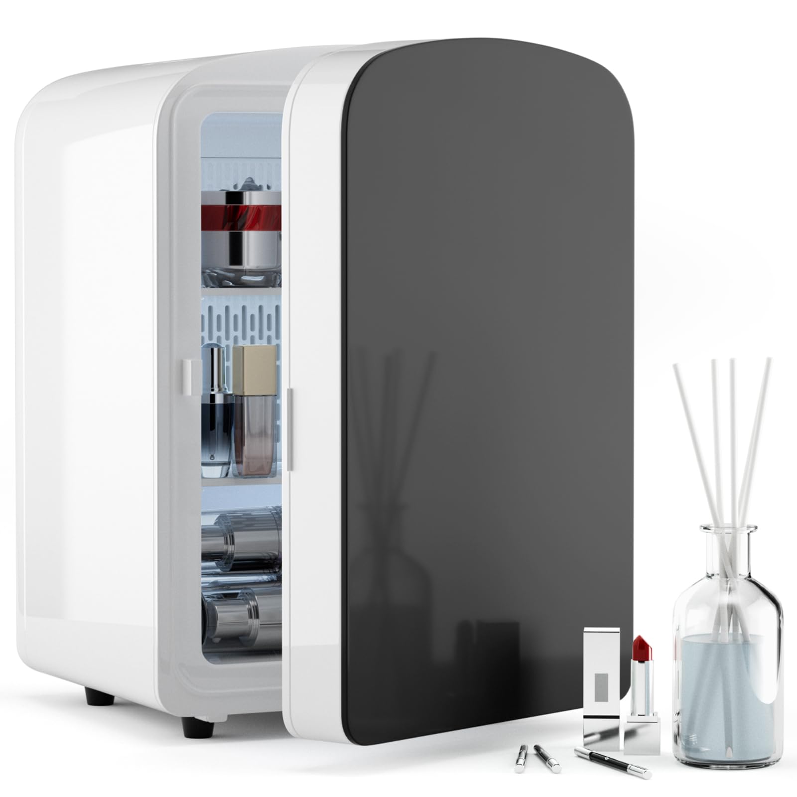 COYCYQI 9L Mini Fridge for Bedroom - Car, College Dorm Room & Office Desk 12v Portable Cooler Warmer Skincare, Beauty Makeup, Drinks, Food AC/DC Small Refrigerator with Glass Front, 110 Volts, White