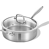 Inqibee Tri-Ply 7 Quarts Stainless Steel Sauté Pan with Lid, 12 Inch Induction Deep Frying Pan, Large Skillet,Jumbo Cooker, Dishwasher and Oven Safe,Detachable Handle.