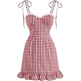 Floerns Women's Gingham Print tie Shoulder Sleeveless Ruffle Hem cami Dress