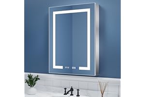 ExBrite Lighted Medicine Cabinet 24 x 32 Inch,Recessed or Surface led Medicine Cabinet, Clock&Room Temp Display,Defog,Dimming,Medicine Cabinet with Lights 3-Color Temper Change,Hinge on The Right