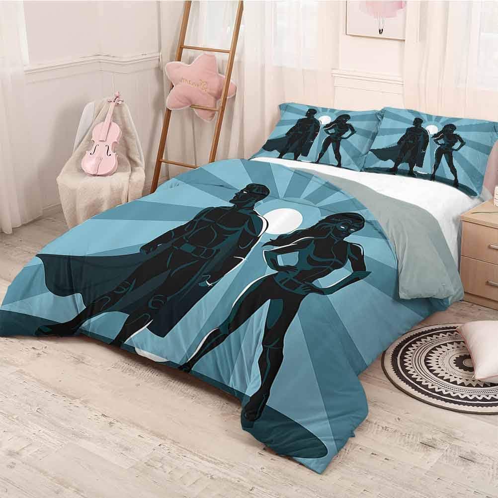 HELLOLEON Superhero Pure Bedding Hotel Luxury Bed Linen Man and Woman Superheroes Costume with Masks and Capes Night Protector in Moonlight Polyester - Soft and Breathable (Full) Blue Teal