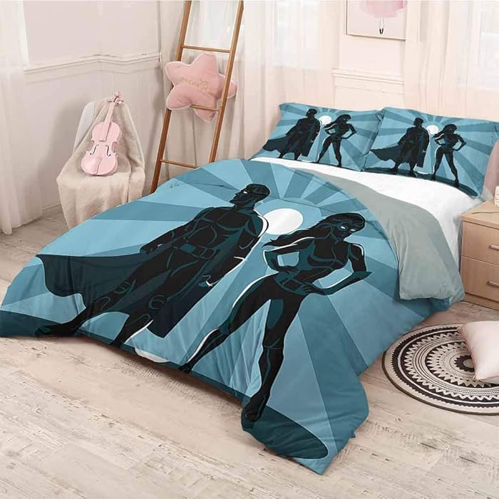 HELLOLEON Superhero Pure Bedding Hotel Luxury Bed Linen Man and Woman Superheroes Costume with Masks and Capes Night Protector in Moonlight Polyester - Soft and Breathable (Full) Blue Teal
