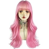 WKLOUYHE Pink Long Wavy Wigs with Bangs for Women Loose Wavy Wig Curly Wavy Synthetic Cosplay Wig for Women Colorful Costume Wigs