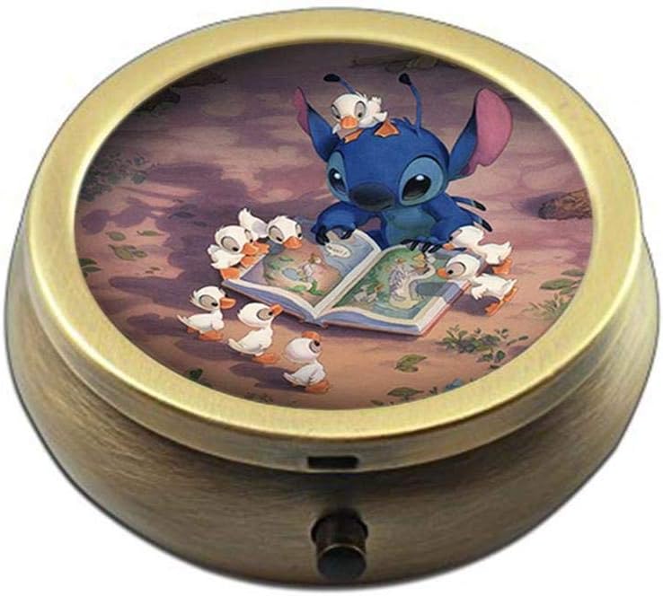 Pill Box Case Round Bronze Weekly Pill Organizers Case Decorative Boxes- Custom Fashion Style Bronze Pill Box Case for Purse- 3 Compartments Pill Box/Pill Case Pocket (Lilo and Stitch)