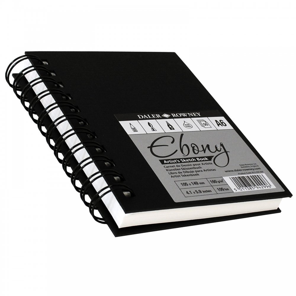 Daler-Rowney Ebony 160gsm A5 Smooth Portrait Drawing Sketchbook, Spiral Bound, 54 Natural White Sheets, For Professional Artists & Students