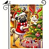 BlissYard Christmas Pug and Cat Garden Flag 12x18 Inch Double Sided Merry Christmas Yard Banner Festive Pug Dog and Cat With Antlers by Christmas Tree Holiday Outdoor Lawn Porch Patio Pathway Seasonal Home Decoration