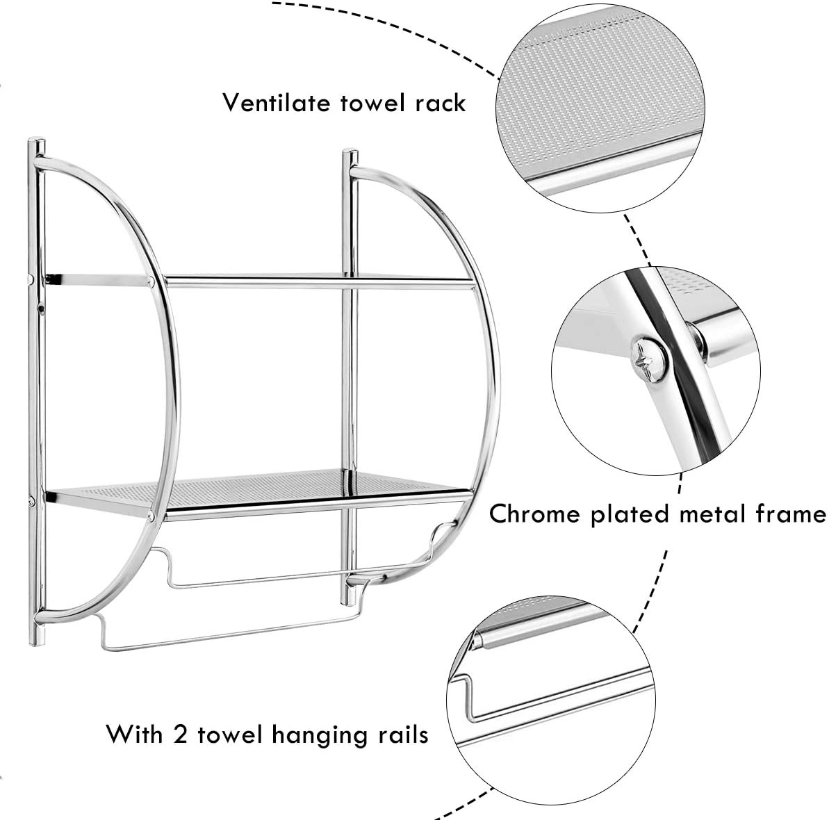 TANGKULA Wall Mount 2 Tier Bathroom Shelf with Towel Bars, 18"W X 10"D X 22"H, Chrome Bathroom Shelf, Home Toilet Double Layer Storage Shelf, Rustproof Chrome Shelf, Towel Shelf - - 