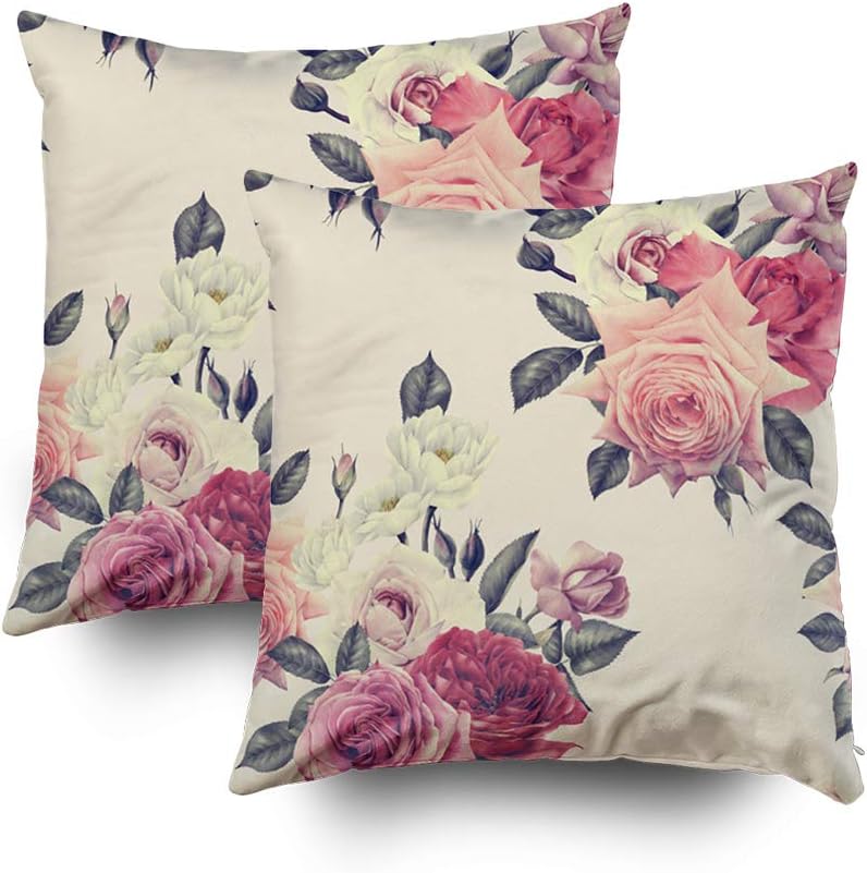 GROOTEY Decritive Pillow Covers, Square Pillowcase with Zip Couch Sofa Décor 16X16Inch 2Ps Throw Cushion Seamless Floral Pattern with Roses Watercolor