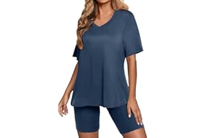 SHOPESSA Two Piece Summer Sets for Women V Neck Oversized T Shirts Tops Biker Shorts Set Workout Tracksuit Casual Lounge Sets