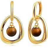 Wotforsh 14k Gold Plated Tiger Eye Brown Natural Stone Circle Dangle and Drop Simple Minimalist Vintage Earrings for Women