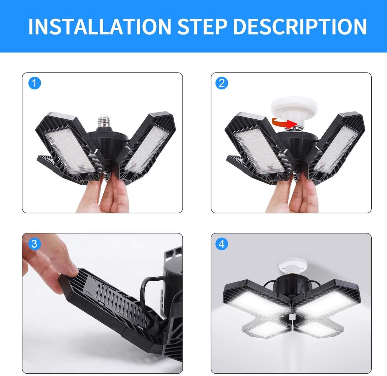 LED Garage Lights, 2 Pack 60W E26 Screw in 6000LM Deformable Led Garage Lights 6500K, 110V LED Basement Lights Tribright Led Adjustable Light Full Area for Garage Warehouse Workshop Shop (2-Pack) - - 