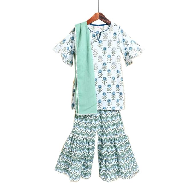 Amber By Hopscotch Girls Cotton Floral Kurti With Sharara And Dupatta In Green Color