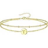 Inerney Personalized Gold Initial Bracelets for Women - Dainty 14K Gold Plated Layered Disc Monogram Charm Bracelet, Customizable A-Z Letter Jewelry Gift for Her