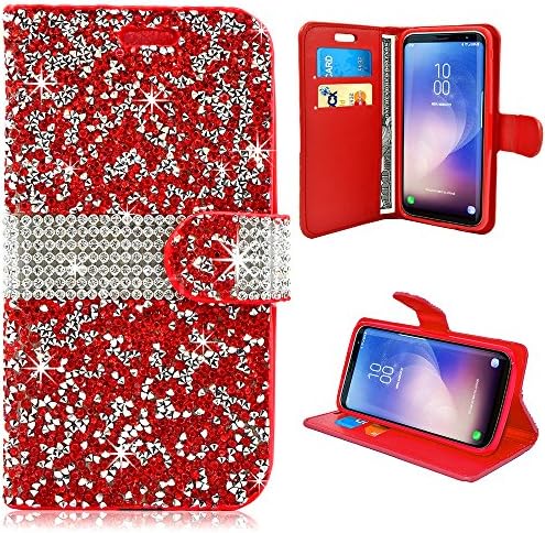 Samsung Galaxy S8 Plus Diamond Folio Wallet Case, NEM Premium Diamond Shiny Bling Protective Flip Folio Sparkling and Card Slots Holder with Foldable Stand for Samsung Galaxy S8 Plus (Red)