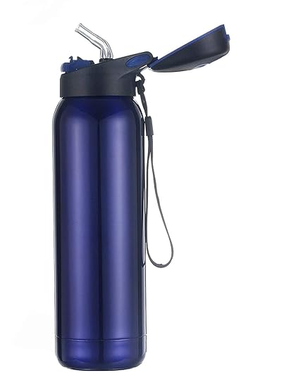 Icy Shots Easy Sip Spill Proof Stainless Steel Thermos Flask, Vacuum Insulated Kids Sipper Water Bottle for School Sports & Gym - Hot and Cold Thermosteel Flasks with Straw, 500 ml (Blue)