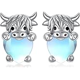Shusukue Moonstone Animal Earring 925 Sterling Silver Highland Cow/Fox/Raccoon/Black Cat/Butterfly Earrings Birthday Christmas Jewelry Gift for Women Animal Lovers