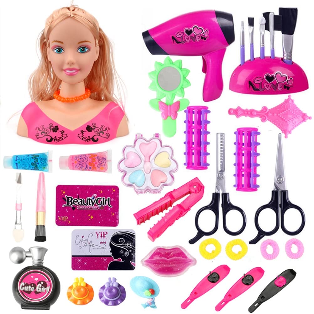 Hiraith Make-Up Head for Girls, Children's Hairdressing Head Doll Head Including Cosmetics and Accessories, Hair Dryer, Makeup Brush, Styling Head Role Play for Girls