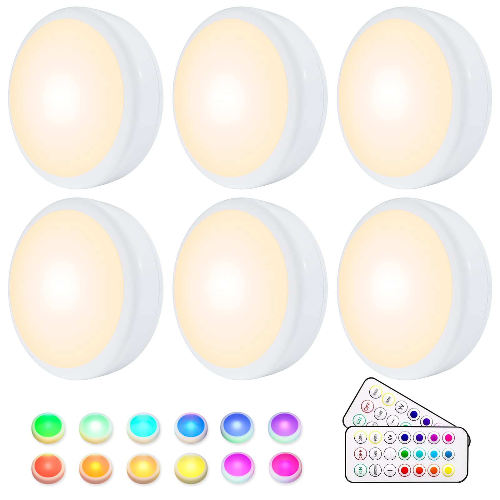 HELPLEX Under Cabinet Lights, 6 RGBW Wireless Cabinet Lighting RGBW 16 Colours LED Night Light with Remote Control and Timing Function, Battery Operated Cabinet Lights