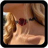 Andelaisi Gothic Lace Rose Flower Necklace Vintage Red Flower Choker Necklace Black Satin Ribbon Chain Punk Adjustable Rose Collar Choker Jewelry for Women