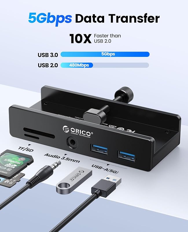 Hub USB 3.0, Hub USB a pinza con lettore di schede SD/TF, Splitter USB con 2 porte USB-A 3.0, audio da 3,5 mm, 5 Gbps, collegamento alimentazione 5V, per monitor, desktop