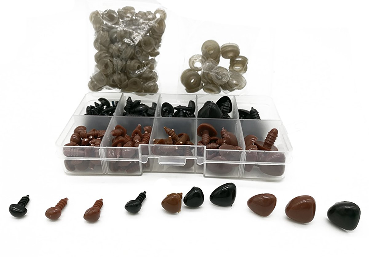 130PCS D-Shape 5 Sizes 8-16mm Plastic Safety Noses Eyes with Washers for Bear Doll Animal Puppet Crafts DIY Sewing Crafting Buttons (Black & Brown)