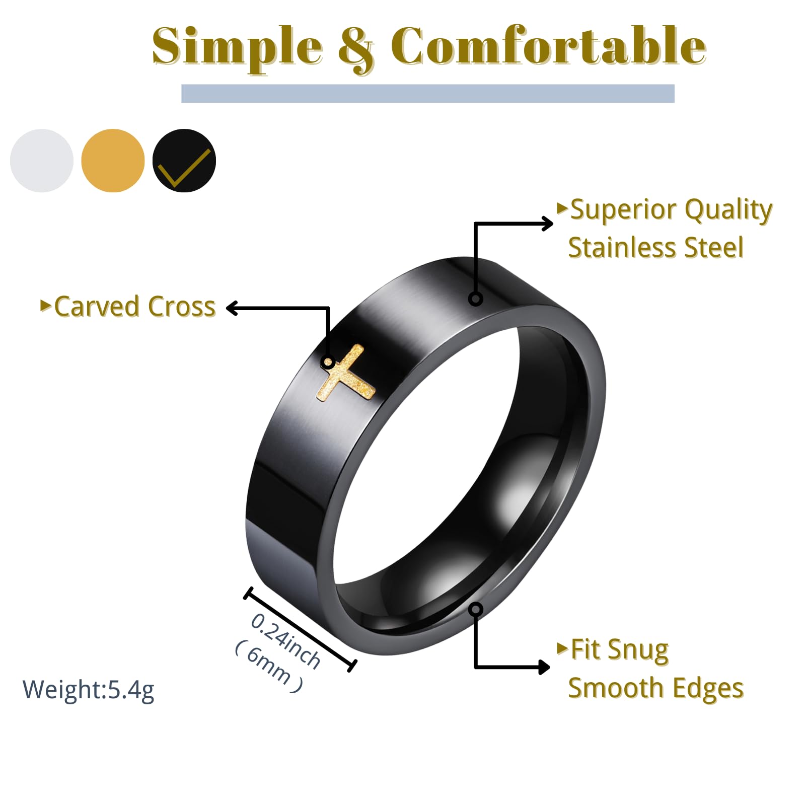 Cross Rings for Men, 18K Gold Plated Mens Rings Stainless Steel Silver Lord Prayer Jesus Christian Black Pinky Ring, Ring Size 5 to 13