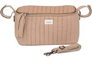 3 Sprouts Universal Quilted Stroller Organizer with Cup Holder and Zip Top - Durable Stroller Caddy Accessory with Storage - Shoulder Strap Converts Organizer to Small Diaper Bag - Clay