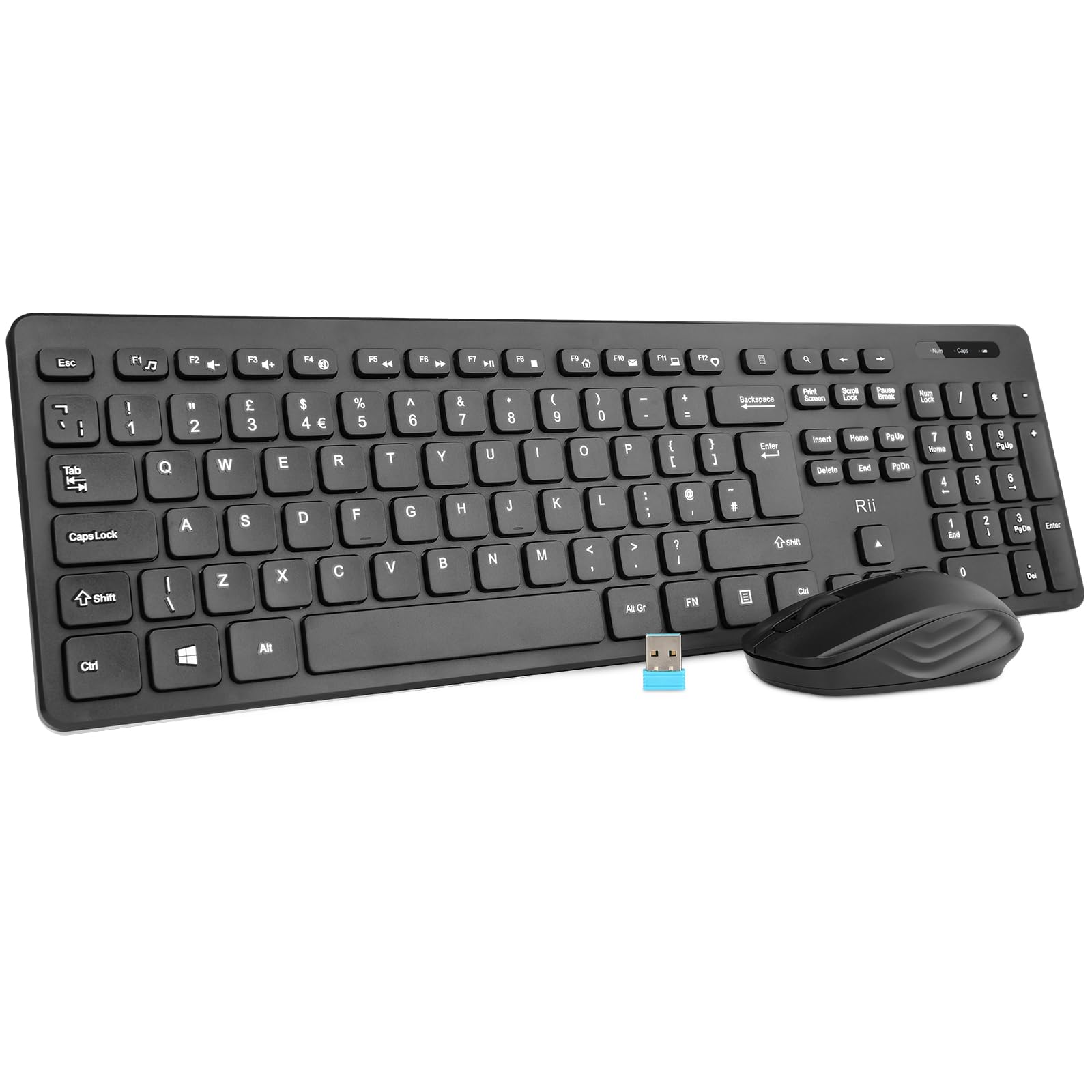 Rii Wireless keyboard and Mouse Set, RK200 Standard Full Size Wireless Keyboard and Mouse 104 Keys for Work Office Home UK Layout(AAA Batteries not Include)
