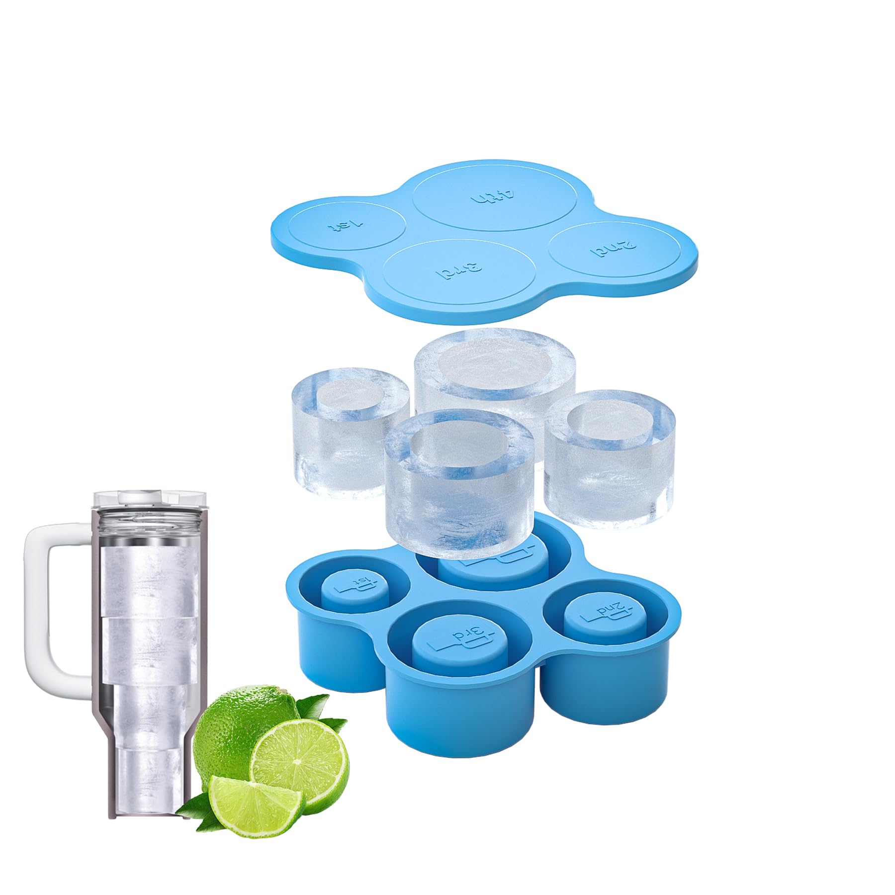 Silicone Ice Cube Tray for Stanley Cup 20-40oz,Tumbler Ice Mold with lid, 4PCS Hollow Cylinder Ice Cube for Freezer Chilling Cocktails, Whiskey, Drinks, Coffee, Easy Fill and Release (Blue)