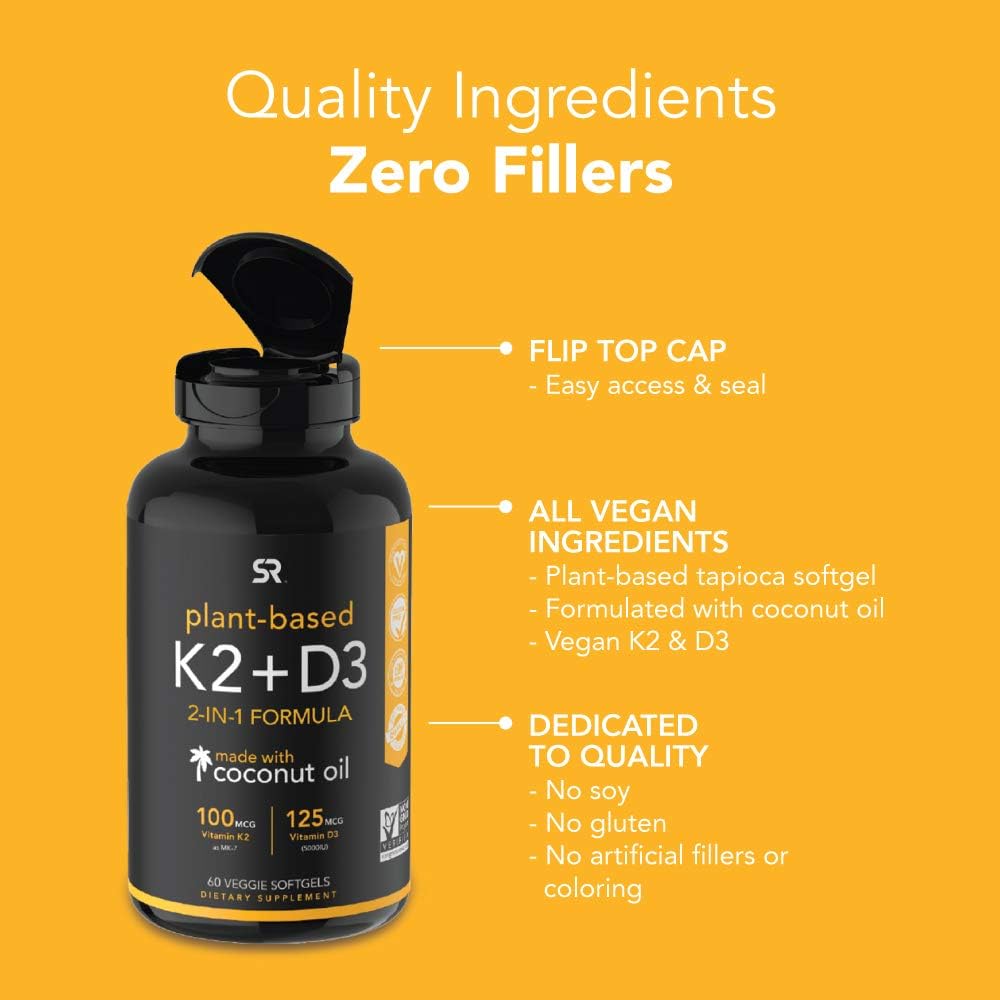 Vitamin D3 + K2 with Organic Coconut Oil - 60 Veggie Softgels: Health & Personal Care